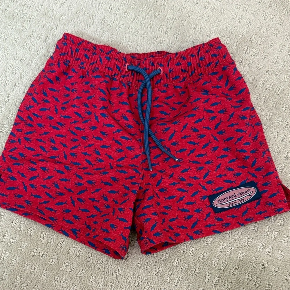 Vineyard Vines Red Swim Shorts with Blue Fish Print